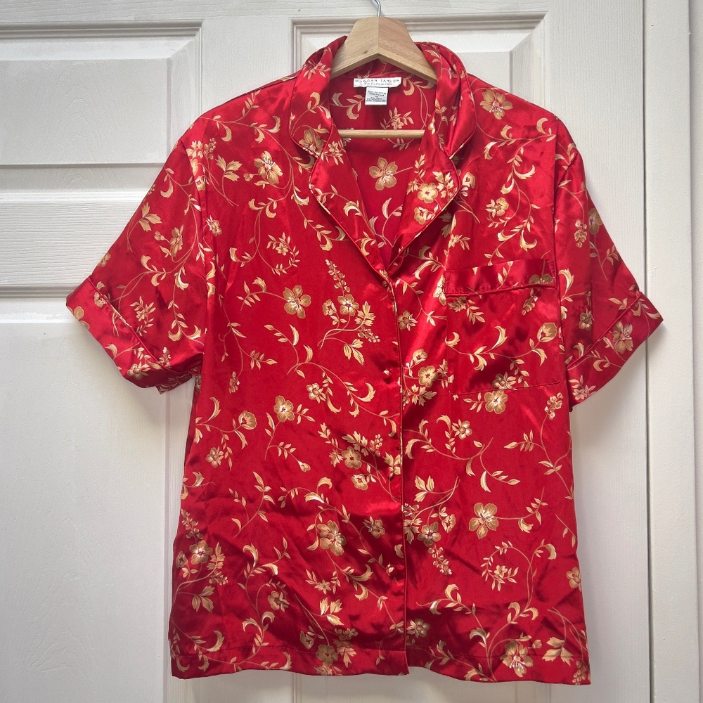 Morgan Taylor Satin Bright Red & Gold Button Down Shirt Sleeve Shirt Blouse - M